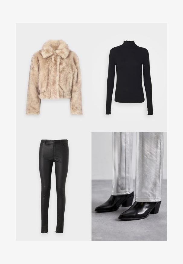 Izgriezta mākslīgā kažokādas jaka gaiši beidzē, ar iegriezumu apkakli un mīkstu, pūkainu tekstūru, ar garām piedurknēm un pieguļošu apakšmalu.; Melnas garām piedurknēm turtleneck blūze, izgatavota no gludas auduma, ar krokotu apkakli un pieguļošu siluetu, kas ir ar vienkāršām malām.; Melnas mākslīgās ādas bikses ar šauru piegriezumu, ar rāvējslēdzēja detaļu pie potītes un standarta kabatas dizainu. Gluda struktūra un spīdīga virsma.; Melni ādas potīšu zābaki ar norādītu pirkstu un kvadrātveida papēdi, apvienoti ar spīdīgām sudraba biksēm, izceļot elegantas faktūras un kontrastējošas krāsas.