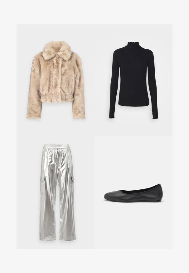 Rövidített műszőrme dzseki világos bézs színben, bemetszett gallérral, puha, bolyhos textúrával, hosszú ujjak és szűkített alsó rész.; Fekete, hosszú ujjú, garbós felső sima anyagból, fodros gallérral és illeszkedő sziluettel, egyszerű élekkel.; MCM METALLIC PANTS - Oldalzsebes nadrágok - silver; Fekete bőr balettcipő lekerekített orral, sima tekstúrával, minimális varrással és rugalmas talp kialakítással.