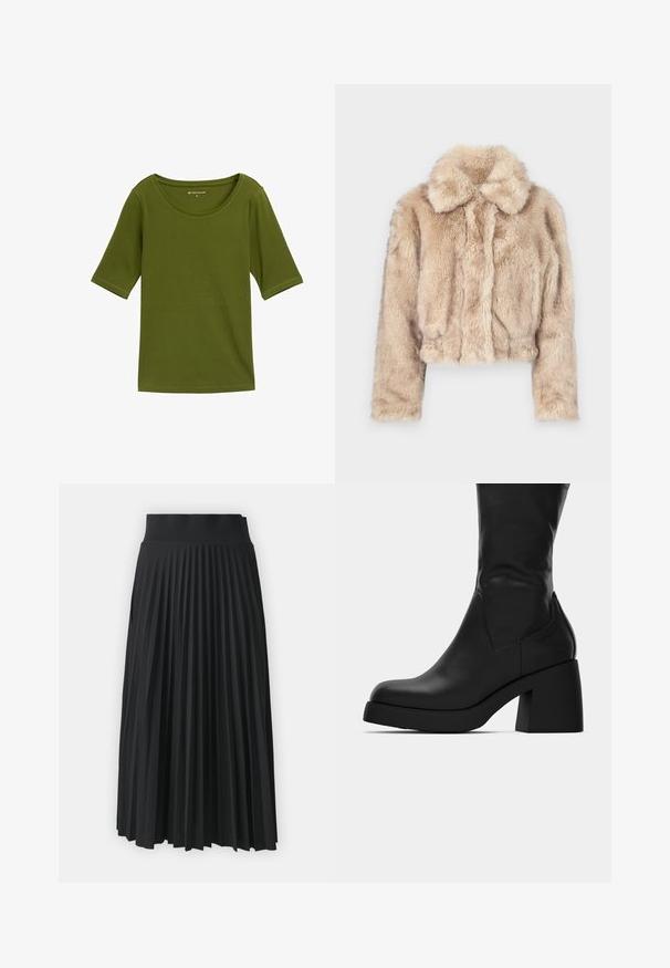 Šviesiai bežinė trumpa dirbtinio kailio striukė, su įpjovimu ant apykaklės, minkšta, pūkuota tekstūra, ilgomis rankovėmis ir aptemptu apvadu.; Alyvų žalios spalvos marškinėliai su apvaliu iškirpimu ir trumpomis rankovėmis. Pagaminti iš lygaus audinio, turi minimalių siūlių detalių palei kraštus.; Juodas klostuotas sijonas su plačia juosmeniu, pasižymintis vienodais vertikaliais klostėmis visame ilginyje. Sklandus paviršius su tekantį dizainu.; Juoda odinė aulinukė iki blauzdų su masyviu blokiniu kulnu ir apvaliu pirštu, rodoma šoniniame profilyje ant balto fono.