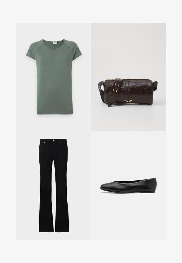 Klippe faux fur jakke i lys beige, med en skåret krave og blød, fluffy tekstur med lange ærmer og en tætsiddende kant.; Kortærmet t-shirt med rund hals i dæmpet grøn. Lavet af blødt, let materiale med subtil tekstur og en afslappet pasform. Enkel design.; Sorte bløde jeans lavet af denim, med to frontlommer, knaplukning og en glat tekstur. Signaturstikninger synlige ved sømmene.; Paul Smith TOPANGA - Ballerinasko - black; Brun krokodilleder taske med cylindrisk form, hardware i guld-tone, og en aftagelig rem med nitter.