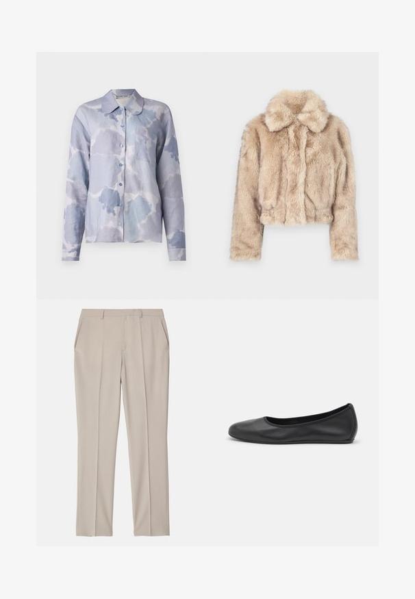 Rövidített műszőrme dzseki világos bézs színben, bemetszett gallérral, puha, bolyhos textúrával, hosszú ujjak és szűkített alsó rész.; Világos kék, puha anyagú, gombos ing, felhőmintával, hajtott gallérral, hosszú ujakkal és egyetlen mellzsebbel.; Filippa K EMMA TROUSERS - Nadrágok - desert tau; Fekete bőr balettcipő lekerekített orral, sima tekstúrával, minimális varrással és rugalmas talp kialakítással.