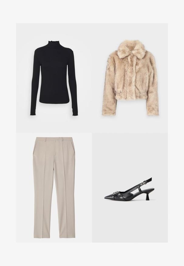 Cropped faux fur jacket in light beige, featuring a notched collar and soft, fluffy texture with long sleeves and a fitted hem.; Black long-sleeve turtleneck top made of smooth fabric, featuring a ruffled neck and fitted silhouette with simple edges.; Filippa K EMMA TROUSERS - Trousers - desert tau; Black leather slingback shoe with a pointed toe, decorative straps featuring metal eyelets, and a low block heel. Textured surface.