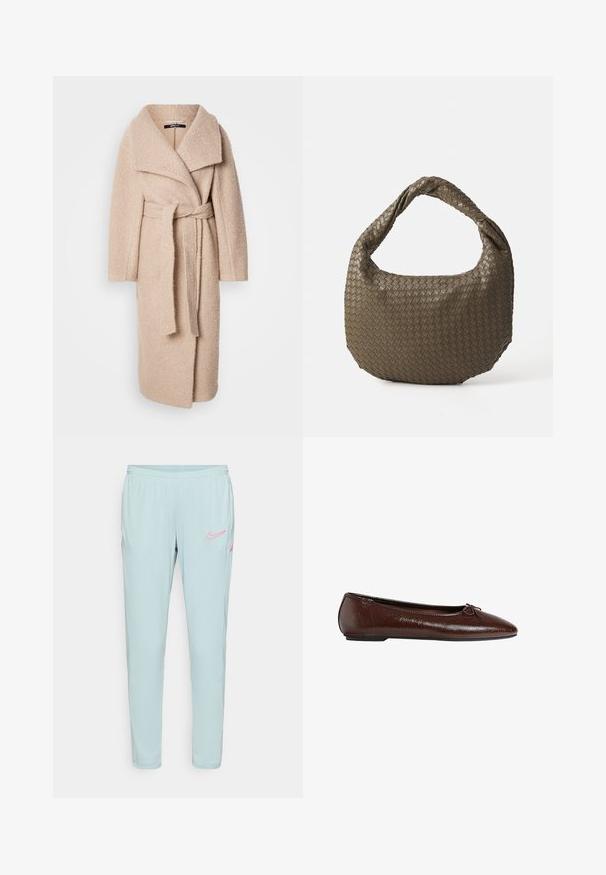 Beige Wollmischungsmantel mit Wickeldesign, breitem Reverskragen und passendem Gürtel. Weiche Textur und lockere Passform, knielang.; Helle beige Strickjacke mit langen Ärmeln, rundem Halsausschnitt und geripptem Saum. Weicher Textur, minimalistisches Design, keine sichtbaren Muster oder Akzente.; Helle blaue Nike-Sweatpants mit glatter Textur, elastischem Bund und pinken Logodetails an den linken Oberschenkeln und Taschen.; Braune Leder-Ballettschuhe mit glatter Textur, spitzer Zehenpartie und einer Schleifenakzentierung auf der Vorderseite, ausgestattet mit einer niedrigen schwarzen Gummisohle.; Geflochtene olivgrüne Handtasche mit runder Form und gedrehter Tragegriff. Strukturiert Oberfläche mit diagonaler Musterung. Reißverschlussverschluss.