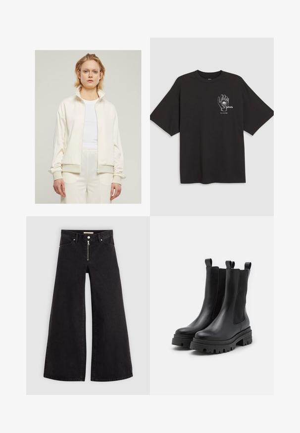 Kremasta jakna sa zatvaračem, visokim ovratnikom, rebrastim manžetama i bočnim džepovima. Jednobojna sa glatkom teksturom, uparena s bijelom majicom ispod.; Crna pamučna majica s kratkim rukavima, sa grafikom ruke i tekstom "Levi's LA LUNE" u bijelom na lijevoj strani prsnog dijela.; Široke traperice od crnog denima s prednjim zatvaračem, dizajnom s pet džepova i suptilnim detaljima šivanja. Glatka tekstura i ležeran stil.; Crne kožne gležnjače s elastičnim bočnim panelima i petnim trakama. Masivni gumeni potplati s dubokim uzorcima za bolju prianjanje.