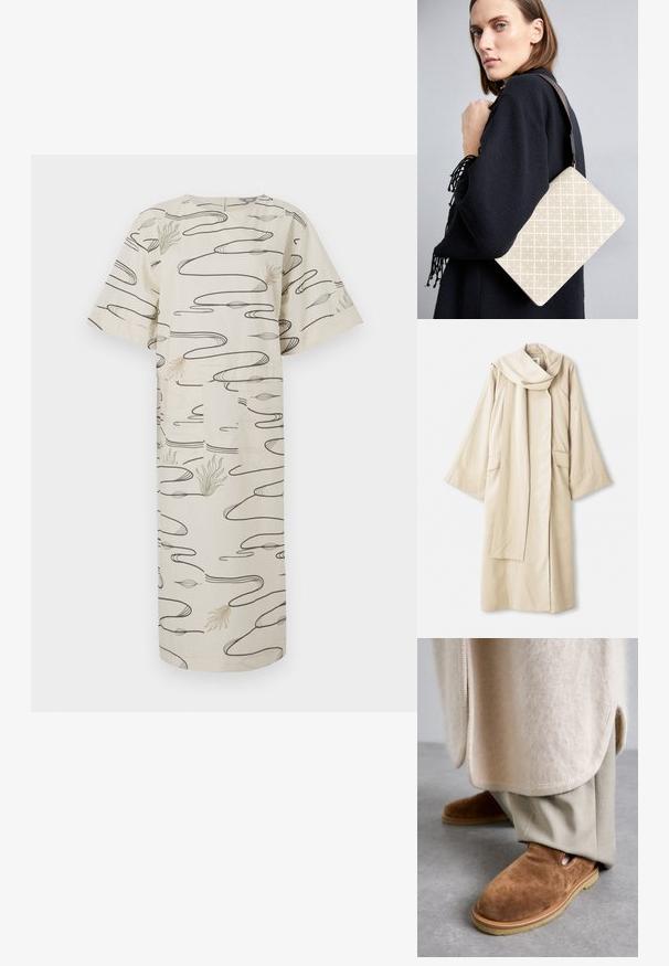 Rochie bej cu un design fluid și mâneci largi. Fabricată dintr-un material ușor, cu un guler mare și două buzunare frontale.; Rochie midi bej cu mâneci scurte, cu spirale negre abstracte și modele subtile de plante verzi și bej pe stofă de bumbac.; Pantofi slip-on din suede maro, cu vârf rotund, talpă din cauciuc și detalii cu decupaj lateral, asortați cu pantaloni bej deschis, ajustați.; Geantă de umăr cu model bej, având o formă structurată, cu o curea texturată de culoare marron. Purtață de un model pe un fundal gri.