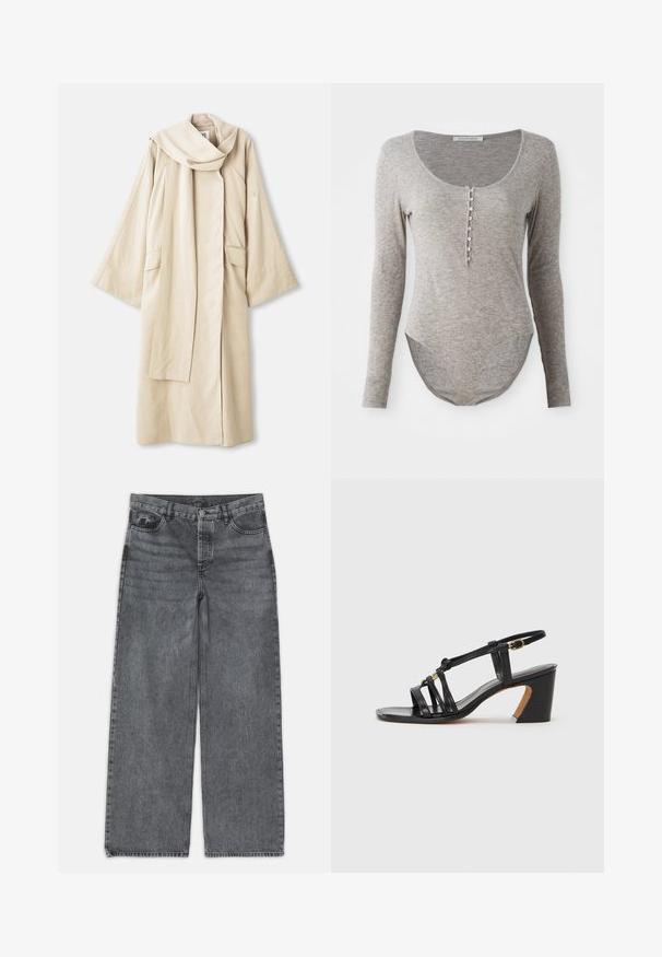 Beige köntös, amelynek légies a dizájnja és széles ujjai vannak. Könnyű anyagból készült, nagy gallérral és két elülső zsebbel.; Hosszú ujjú bodysuit puha szürke anyagból, mély kivágással, gombos záródással és ívelt alsó résszel a kényelmes illeszkedés érdekében.; Sötét szürke denim széles szárú farmer. Magas derekú, öt zsebes kialakítással és elöl gombos záródással rendelkezik. Simább textúrájú, enyhe kopással.; Paul Smith AMIRA - Klasszikus sarkú cipők - black