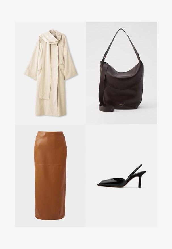 Rochie bej cu un design fluid și mâneci largi. Fabricată dintr-un material ușor, cu un guler mare și două buzunare frontale.; Cămașă neagră cu mâneci lungi, având un guler cu nasturi, material transparent, croială dreaptă și o textură subtilă, cu un design al plăcii frontale.; Fustă midi din piele maro cu o siluetă ajustată, fermoare laterale și o textură netedă. Prezintă un detaliu cu cusătură orizontală aproape de margine.; Sandale din piele neagră cu toc, cu vârf ascuțit, design minimalist, curea subțire la gleznă și toc subțire elegant. Textură netedă.; Geantă de umăr din piele maro închis, cu o siluetă curbată, curea ajustabilă și un logo subtil auriu. Textură netedă, cu accente minime.