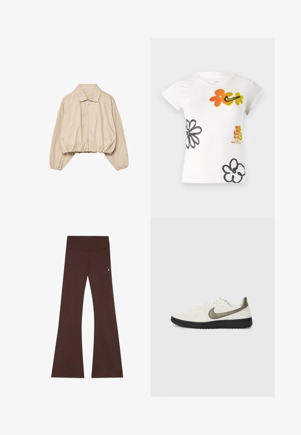 Beige cropped jakke med krave, lynlås-lukning og elastisk kant. Fremstillet af et glat stof med sidelommer.; Hvid t-shirt med korte ærmer, der har farverige blomsterdesigns i orange, gul og sort. Fremstillet i en blød bomuldsblanding med v-hals.; Brune flagrende bukser lavet af blødt stof, med en bred talje, glat tekstur og en lille logoaccent på siden.; Nike Sportswear FIELD GENERAL - Sneakers - off-white/black
