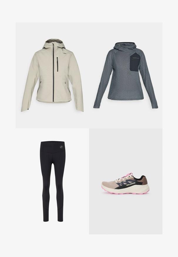 Jasno beżowa kurtka z kapturem, z zamkiem z przodu, zamkiem w kieszeni na klatce piersiowej oraz dwiema zamykanymi na zamek kieszeniami po bokach, zaprojektowana z myślą o aktywnościach na świeżym powietrzu.; Szary, teksturowany, długi rękaw, bluza z kapturem z czarną, zamykaną na zamek kieszenią na piersiach, oznaczoną napisem "Peak Performance".; Czarne legginsy sportowe z wysokim stanem, z logo z przodu, gładką teksturą i dopasowanym krojem.; Beżowe i różowe buty biegowe Salomon z czarnym logo i akcentami wzorniczymi, kremową podeszwą środkową i różową podeszwą zewnętrzną, widziane z boku na jednolitym tle.