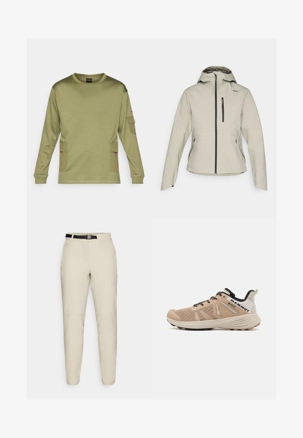 Light beige hooded jacket with front zipper, zippered chest pocket, and two zippered side pockets, designed for outdoor wear.; Long-sleeve olive green shirt made from textured fabric, featuring side pockets and ribbed cuffs. Simple crew neck design.; Beige trousers with a tapered fit, made of a smooth fabric, featuring a black adjustable waistband and side pockets.; Men's hiking shoes featuring a beige mesh upper, reinforced toe cap, black accents, and a rugged outsole for traction.