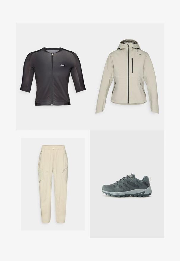 Jachetă cu glugă de culoare bej deschis, cu fermoar frontal, buzunar pe piept cu fermoar și două buzunare laterale cu fermoar, concepută pentru a fi purtată în aer liber.; Jersey de ciclism negru cu mâneci trei sferturi, fermoar frontal, branding minimal. Fabricat dintr-un material neted și elastic, cu un design care se potrivește strâns.; Pantaloni cargo bej deschis cu talie elastică, buzunare cu fermoar și detalii cu panouri. Realizați dintr-un material neted, ușor.; Ghete de drumeție gri închis, cu partea superioară din plasă și nubuc, design cu șireturi, talpă căptușită și talpă robustă cu model de aderență.