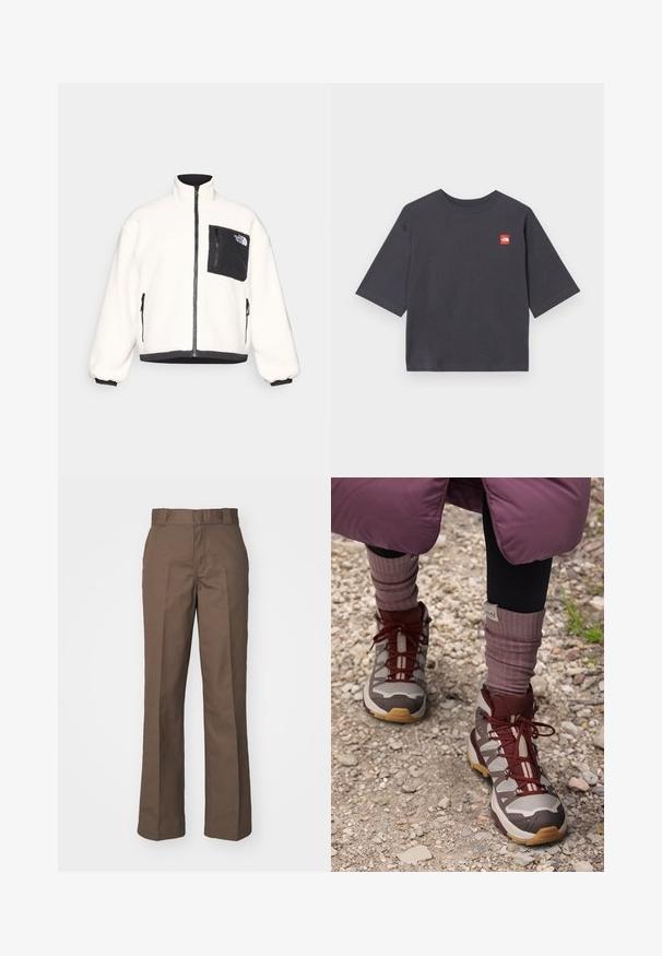 Biela fleecová bunda s vysokým golierom, predným zipsom a čiernou zipsovou náprsníkovej vreckom. Obsahuje rebrované manžety a čierny spodný lem.; Tričko s krátkym rukávom, tmavošedé, vyrobené z bavlny. Na ľavej strane hrude sa nachádza štvorcová červená nášivka s logom. Bežný strih s okrúhlym výstrihom.; Hnedé bavlnené nohavice so strihom rovného nohavice, s plochým predným dielom a pútkami na opasok. Hladká textúra, bez viditeľných vzorov alebo akcentov.; Salomon X ULTRA 360 EDGE MID GTX - Turistické topánky - silver cloud/iron/rum raisin