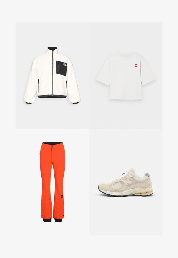 Valkoinen fleece-takki, jossa on korkea kaulus, etuvetoketju ja musta vetoketjullinen rintatasku. Ominaisuuksiin kuuluvat ribbikankaiset hihansuut ja musta helma.; Valkoinen lyhythihainen t-paita, joka on valmistettu puuvillasta. Vasemmassa rinnassa pieni punainen neliölogo. Suora leikkaus. Pehmeä pinta.; Kirkkaita oransseja hiihtohousuja, joissa on slim fit -muotoilu. Varustettu vetoketjullisella taskulla, vahvistetuilla aallokkeilla ja säädettävillä vyöpuolilla. Musta sisus.; Juuri beiget juoksukengät, joissa on verkkokudosta ja mokkanahkaa. Kenkäparissa on pehmustettu pohja, nauhat ja harmaa accentti kantapäässä.