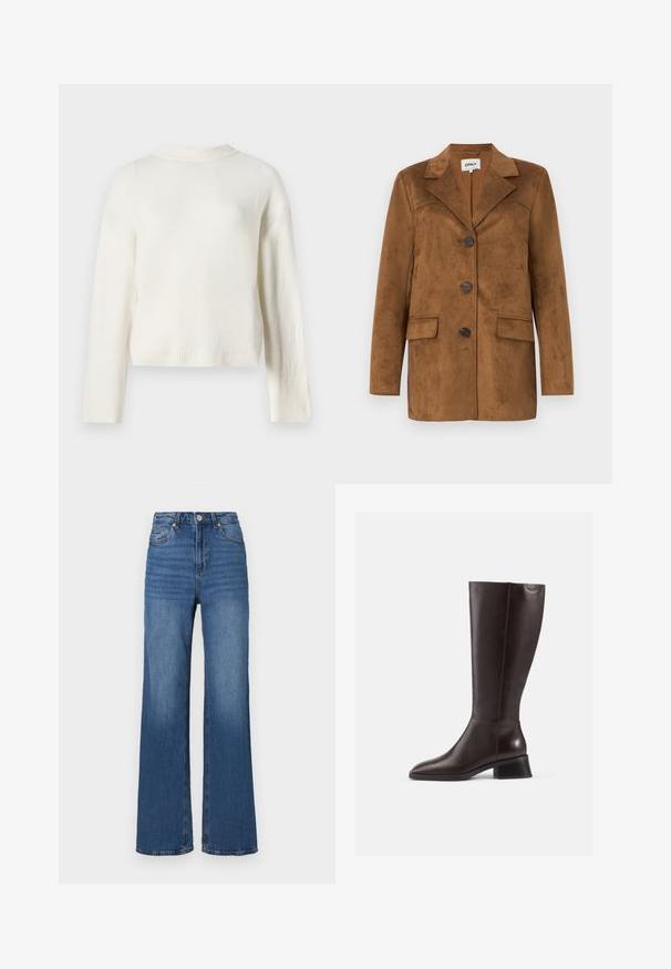 Rudas zomšinės švarkas su iškirpte, keturiais mygtukais, dviem priekinių kišenių ir siaurėjančiu siluetu. Lygus paviršius su minimalistiniu dizainu.; Kremo spalvos megztinis su ilgomis rankovėmis ir apvalia iškirpte. Yra raištelių manžetai ir trumpas kirpimas, išryškinantis minkštą tekstūrą.; Aukštos juosmens, plačių kojų mėlyni džinsai iš džinsinio audinio, su klasikinio penkių kišenių dizainu ir švelniu blukimu per kojas.; Knee-high rudos odinės botai su lygiu paviršiumi, apvaliu pirštu ir juodu aukštu kulnu. Paprastas dizainas su minimaliais detalėmis.