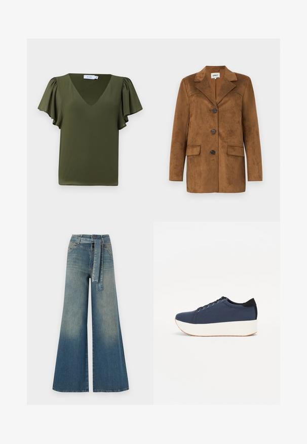 Rudas zomšinės švarkas su iškirpte, keturiais mygtukais, dviem priekinių kišenių ir siaurėjančiu siluetu. Lygus paviršius su minimalistiniu dizainu.; Alyvinė žalia trumpomis rankovėmis palaidinė su V formos iškarpa, pasižymi minkštais, susirauktomis rankovėmis ir lygiu, lengvu audiniu. Nėra matomų raštų ar akcentų.; Platus džinsinis kelnes su šviesiai tamsiai mėlynu gradientu, aukštu juosmeniu, diržo kilpomis ir atitinkančiu audinio diržu. Textūruotas džinsinis paviršius.; Tamsiai mėlynas sportinis batelis su tekstūruotu audiniu viršuje, baltu platformos padu, apvaliu pirštu ir juodu kulno akcentu.š. Yra šešios skylės raišteliams.