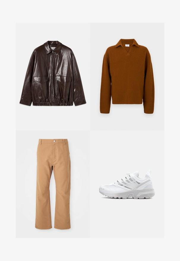 Smeđa kožna jakna s patentnim zatvaračem sprijeda, velikim unutarnjim džepovima na prsima i elastiziranim strukom. Ima oštar ovratnik i glatku teksturu.; Smeđi rebrasti pleteni pulover s V-izrezom i ovratnikom, s dugim rukavima i opuštenim krojem. Tekstuirana tkanina dodatno poboljšava vizualni interes.; Smeđe pamučne hlače ravnog kroja, s jednim dugmetom za zatvaranje i suptilnim šavovima za dodatni detalj.; Bijela atletska cipela s teksturiranim mrežastim gornjim dijelom, elegantnog dizajna, ojačanim prstom i srebrnim akcente na sustavu vezanja i međusloju.