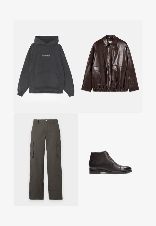 Ruda odinė striukė su užtrauktuku, didelėmis krūtinėmis kišenėmis ir elastinga juosmena. Ypatybės: smailas apykaklė ir lygus paviršius.; Filling Pieces HANDSHAKE VINTAGE - Džemperis su gobtuvu - black; Tamsiai pilki tiesaus kirpimo cargo džinsai su mygtuko uždarymu ir keturiomis kišenėmis su dangteliu, dvi ant šlaunų ir dvi šalia blauzdų.; Rudos odos čiurnos batai su raišteliais, apvaliu pirštu ir siuvinėtomis detalėmis. Savybės - žemas krūvos kulnas ir lygi tekstūra.