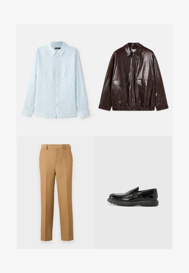 Ruda odinė striukė su užtrauktuku, didelėmis krūtinėmis kišenėmis ir elastinga juosmena. Ypatybės: smailas apykaklė ir lygus paviršius.; Šviesiai mėlynas ilgomis rankovėmis marškinis, pagamintas iš lino, su mygtukų uždarymu priekyje, smailiu apykakle ir standartinėmis rankogaliais. Minkšta tekstūra, minimalistinis dizainas.; Kreminės spalvos kelnės, pagamintos iš audinio, turinčios tiesų kirpimą, lygią priekį ir diržo kilpos. Sklandus paviršius be matomų raštų.; Juodas odinis loaferis su blizgiu paviršiumi, apvaliu pirštu, subtiliais siūlių detalėmis ir storu guminio pado, užtikrinančio ilgaamžiškumą.