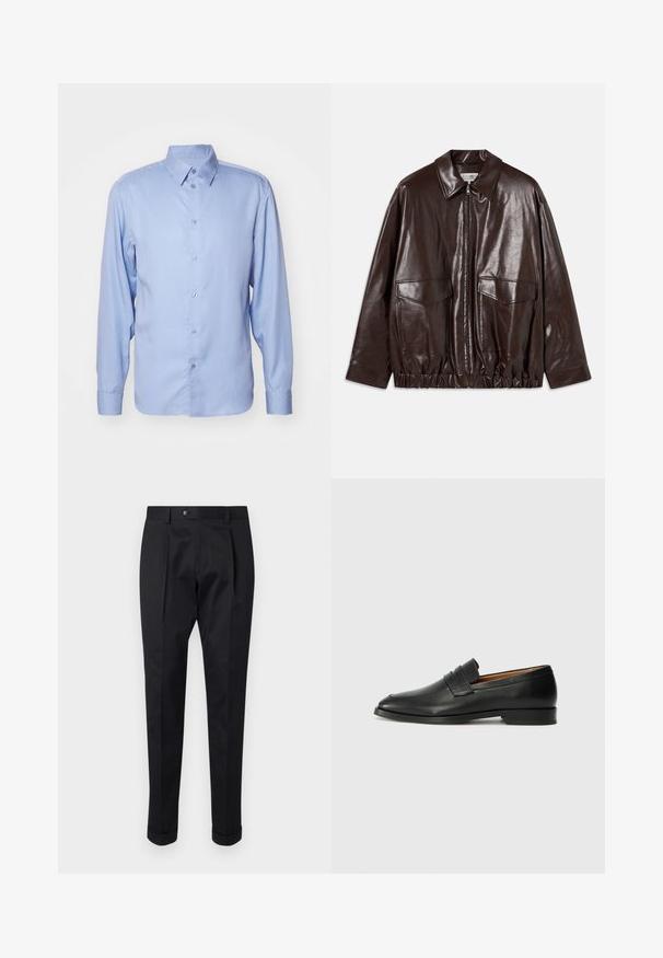 Smeđa kožna jakna s patentnim zatvaračem sprijeda, velikim unutarnjim džepovima na prsima i elastiziranim strukom. Ima oštar ovratnik i glatku teksturu.; Svijetloplaka košulja dugih rukava izrađena od glatkog materijala, s klasičnim ovratnikom, dugmadi na prednjoj strani i prilagođenim krojem s dugmadima na manžetama.; Crne hlače od glatkog materijala, s preklopom sprijeda, kopčanjem na gumb i smotanim manžetama na gležnju.; Crni kožni loafer s okruglim vrhom, suptilnim šavovima i niskim petama, s glatkom teksturom i minimalističkim dizajnom.