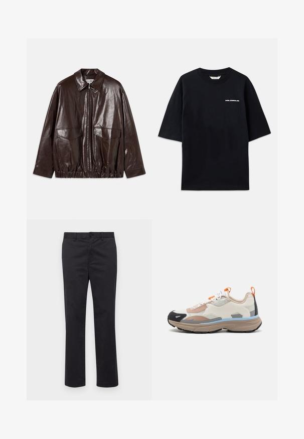 Hnědá kožená bunda se zipem vpředu, velkými náprsními kapsami a elastickým páskem v pase. Má špičatý límec a hladký povrch.; Černé bavlněné tričko s krátkými rukávy, kulatým výstřihem a malým bílým logem "HOLZWEILER" na přední straně, s volným střihem.; Černé bavlněné kalhoty se střihovým designem rovného nohavice, s knoflíkovým zapínáním a poutky na opasek. Hladká textura, žádné viditelné vzory nebo akcenty.; Maison Kitsuné SORA RUNNERS - Tenisky - acer leaf