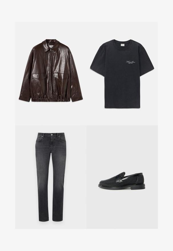 Barna bőr dzseki, elől cipzárral, nagy mellzsebekkel és rugalmas derékkal. Jellemzői a hegyes gallér és a sima textúra.; Fekete, rövid ujjú, kerek nyakú póló, bal mellen kis fehér "Filling Pieces" szöveges logóval.; Szürke farmernadrág klasszikus egyenesen szabott fazonban, elülső zsebekkel, cipzáras nyitással és egy kis márkacímkével a jobb zseben.; Fekete szőtt slip-on cipő sima bőr díszítéssel a felsőrészen, kerek orral és alacsony profilos gumitalppal.