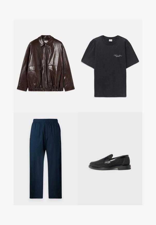 Hnědá kožená bunda se zipem vpředu, velkými náprsními kapsami a elastickým páskem v pase. Má špičatý límec a hladký povrch.; Černé tričko s krátkým rukávem a kulatým výstřihem s malým bílým logem "Filling Pieces" na levé hrudi.; Tmavě modré kalhoty z bavlněné směsi s elastickým páskem, rovný střih, boční kapsy a hladká textura.; Černé pletené nazouvací boty s hladkým koženým akcentem na svršku, kulatou špičkou a nízkoprofilovou gumovou podrážkou.