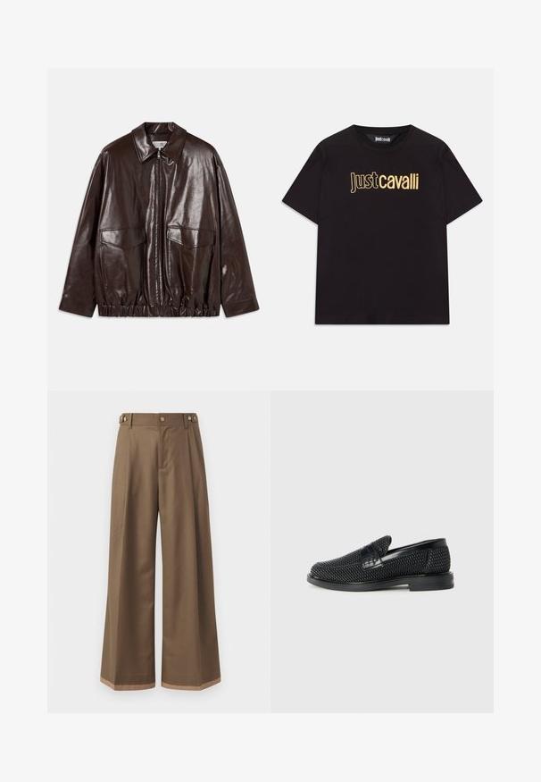 Brun læderjakke med lynlås foran, store brystlommer og elastisk talje. Har en spids krave og glat tekstur.; Sort t-shirt lavet af bomuld med korte ærmer, der har "Just Cavalli" i metallisk guldskrift centreret på forsiden.; Bredde ben bukser i et mørkebrunt stof, der har to sidelommer, to dekorative forreste knapper og en kontrast kant.; Sort vævet slip-on sko med en glat læderdetalje på overdelen, en rund tådesign og en lavprofil gummisål.
