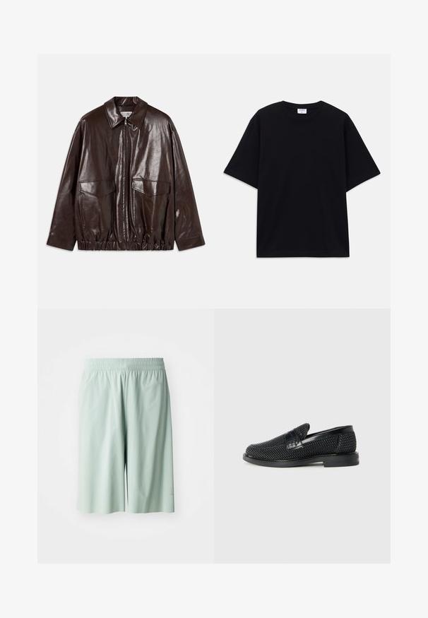 Hnedá kožená bunda so zipsom vpredu, veľkými vreckami na hrudi a elastickým pásom. Má špicatý golier a hladkú textúru.; Čierne nadrozmerné tričko s krátkym rukávom a okrúhlym výstrihom, s viditeľnou značkovou etikou Filippa K vo vnútri goliera.; Svetlé zelené športové šortky s elastickým pásom, hladká textúra, po kolená, s jemným logom na spodnej strane.; Čierne tkané slip-on topánky s hladkým koženým akcentom na vrchnej časti, s okrúlym dizajnom špičky a nízkoprofilovou gumovou podrážkou.