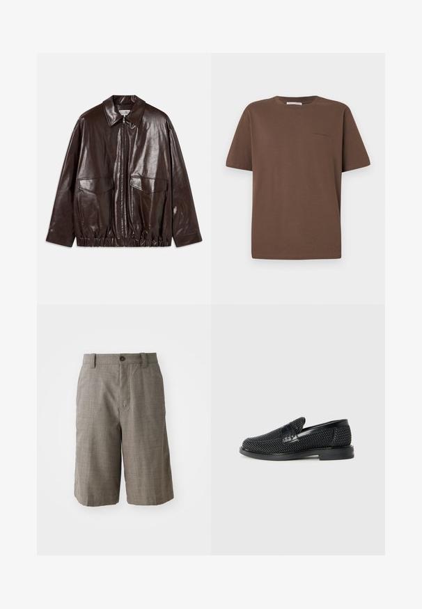 Ruda odinė striukė su užtrauktuku, didelėmis krūtinėmis kišenėmis ir elastinga juosmena. Ypatybės: smailas apykaklė ir lygus paviršius.; Rudas medvilninis marškinėliai su apvaliu iškirpimu, trumpomis rankovėmis ir mažu logotipu spausdintu priekyje. Lygus audinio tekstūros, laisvo kirpimo.; Pilkos langeliais šortai su pritaikytu dizainu, su priekiniais mygtukais ir dviem šoninėmis kišenėmis. Pagaminti iš struktūrinio audinio.; Juodas pintas slip-on tipo batelis su lygiu odiniu akcentu viršuje, apvalios nosies dizainas ir žemas guminis padas.