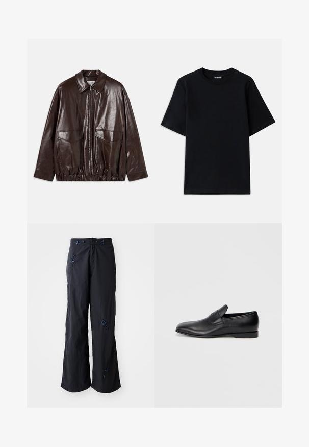 Hnedá kožená bunda so zipsom vpredu, veľkými vreckami na hrudi a elastickým pásom. Má špicatý golier a hladkú textúru.; Čierne bavlnené tričko s okrúhlym výstrihom a krátkymi rukávmi. Má jemné výšivku loga na ľavej hrudi. Hladká, jemná textúra.; Čierne, ľahké nohavice so širokými nohavicami a textúrovaným povrchom. Obsahujú modré akcenty a nastaviteľné šnúrky. Zapínanie na zips.; Čierne kožené poltopánky bez šnúrok s ostrou špičkou, hladkou textúrou a diskrétnym logom na boku. Nízky podpätok s čistým, minimalistickým dizajnom.