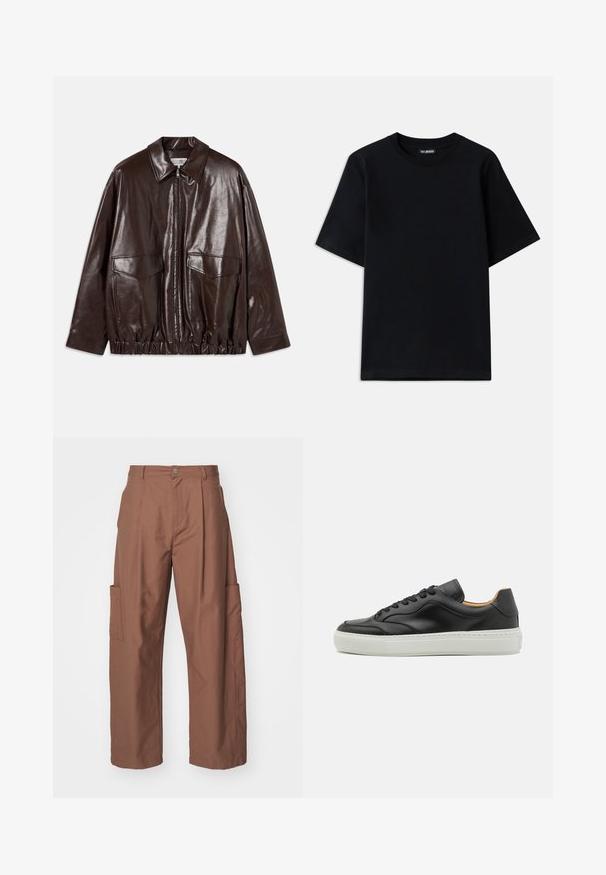 Brūna ādas jaka ar rāvējslēdzēju priekšpusē, lielām krūšu kabatām un elastīgu jostu. Iespējo norādītu apkakli un gludu tekstūru.; Melnas kokvilnas T-krekls ar apaļu kaklu un īsām piedurknēm. Iezīmējas ar diskrētu logo izšuvumu kreisajā krūtīs. Gluda, plakanā tekstūra.; Han Kjøbenhavn TROUSERS - Auduma bikses - brown; Tiger of Sweden NOMME - Treniņu apavi - black