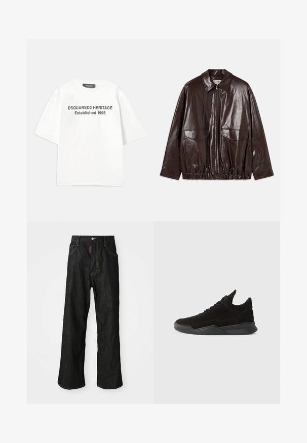 Brūna ādas jaka ar rāvējslēdzēju priekšpusē, lielām krūšu kabatām un elastīgu jostu. Iespējo norādītu apkakli un gludu tekstūru.; Dsquared2 Apdrukāts T-krekls - white; Melnas taisnas kājas džinsas ar dzeltenu šuvumu, piecu kabatu dizains, pogu aizdare un mazs sarkans birka priekšējā labajā kabatā.; Melnas zamšādas sporta kurpes ar zemu profilu, teksturētu augšdaļu, plakaniem šņorēm un cietu gumijas zolīti ar nelielu papēdi un izliekumu dizainā.