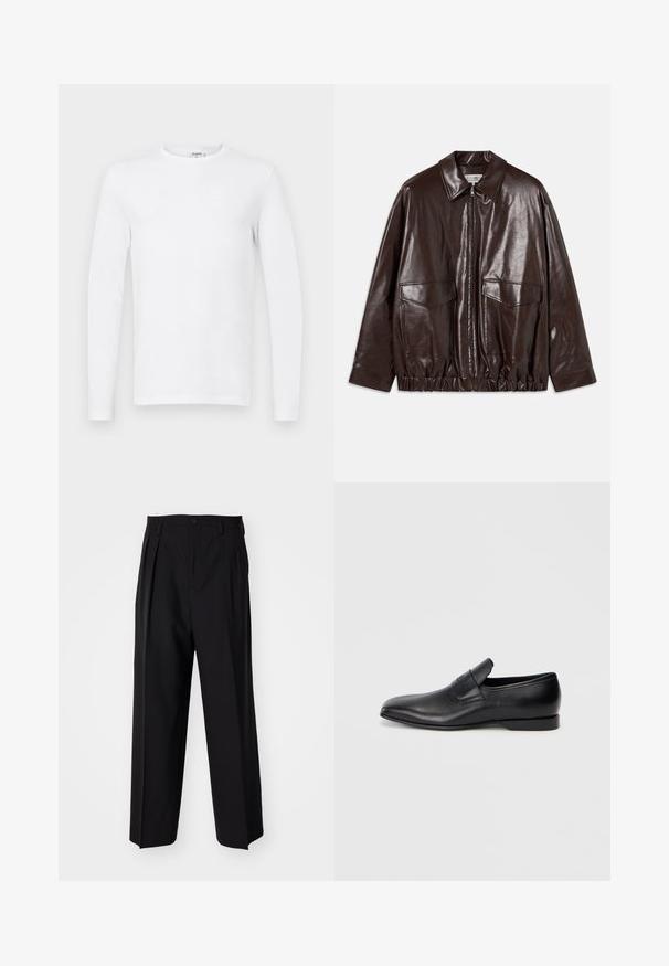 Brown leather jacket with a zip front, large chest pockets, and elasticized waistband. Features a pointed collar and smooth texture.; Long-sleeve plain white crewneck shirt displayed on a flat, light gray background.; Black pleated trousers with a straight, wide-leg design. Made from smooth fabric, featuring a button closure and belt loops.; Black leather slip-on shoe with a pointed toe, smooth texture, and subtle branding on the side. Low heel with a clean, minimal design.