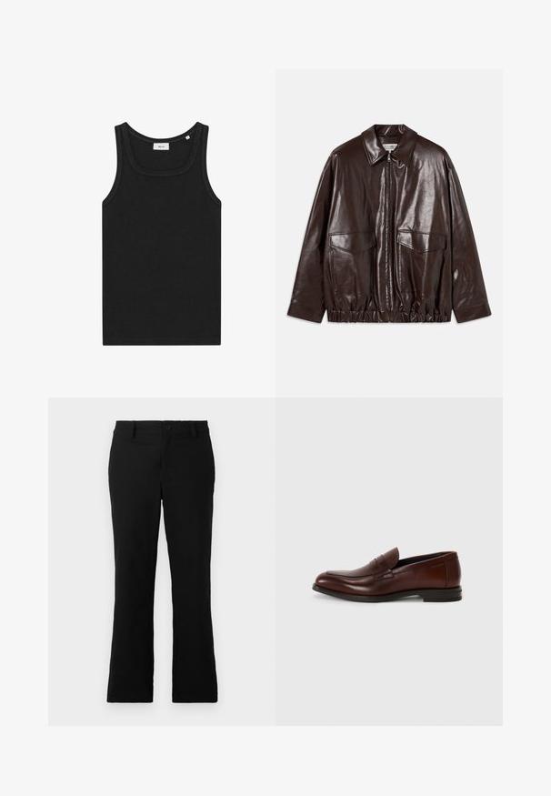 Brown leather jacket with a zip front, large chest pockets, and elasticized waistband. Features a pointed collar and smooth texture.; Black sleeveless tank top made of soft fabric. Features a rounded neckline and clean edges, with a simple design and no visible logos.; Black flared trousers made of cotton blend fabric, featuring a button closure, belt loops, and a smooth texture with no visible patterns.; Brown leather loafers with a rounded toe, front strap detail, and a low stacked heel. Smooth texture with minimal decorative accents.