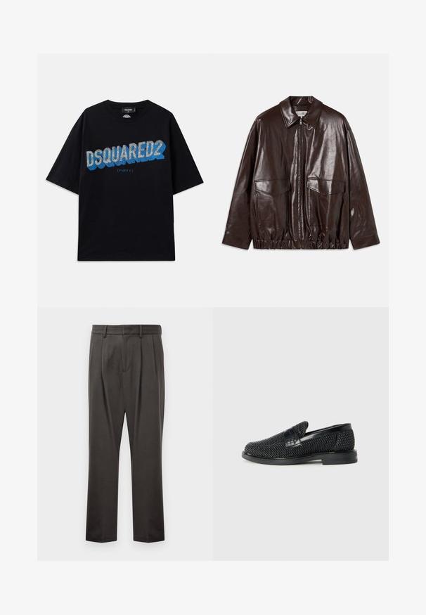 Pruun nahktagi, millel on lukuga esiosa, suured rinnakotid ja elastne vöökoht. Omab teravat kraed ja siledat tekstuuri.; Dsquared2 Trükipildiga T-särk - black; Tumedashallased püksid, mis on valmistatud tekstuuriga kangast, lame esiosa, voldid, sirged jalad ja vöökohastab. Pole nähtavat riistvara ega mustreid.; Must musta kootud slip-on king, millel on pehme nahast accent ülaserval, ümmargune varvas ja madal profiiliga kummitald.