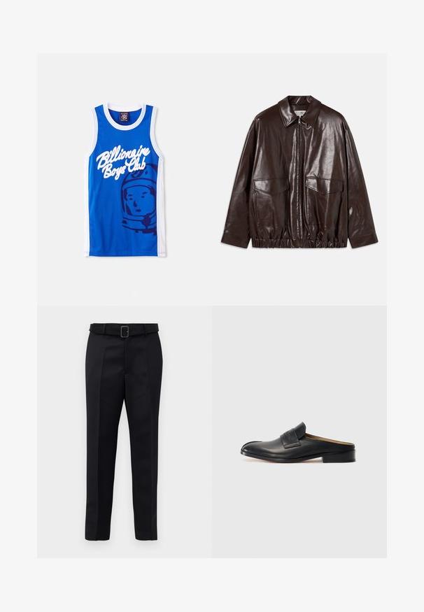 Ruda odinė striukė su užtrauktuku, didelėmis krūtinėmis kišenėmis ir elastinga juosmena. Ypatybės: smailas apykaklė ir lygus paviršius.; Mėlynas tinklinis liemenukas su baltu "Billionaire Boys Club" logotipu ir astronauto grafika. Baltos detalės aplink rankas ir kaklą.; Juodos pritaikytos kelnės turi lygią medžiagą, tiesų kirpimą ir diržą su stačiakampiu sagtimi. Išskirtiniai priekiniai raukšliai pagerina dizainą.; Juodos odinės slip-on tipo bateliai su apvaliu nosiu, žemu blokiniu kulnu ir priekiniais dirželiais. Lygus paviršius su subtiliu logotipo akcentu ant dirželio.