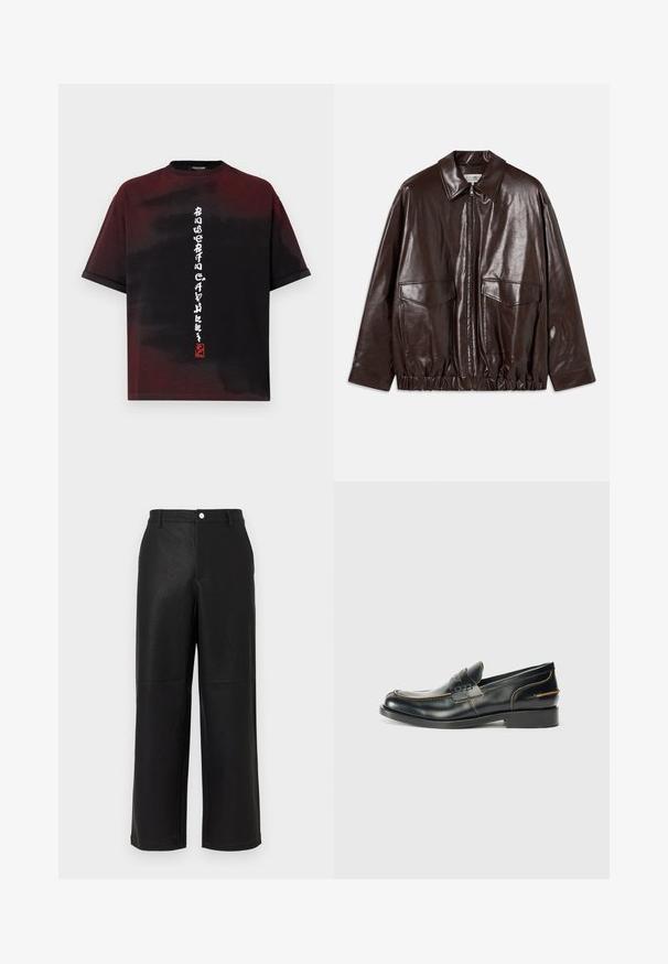 Hnědá kožená bunda se zipem vpředu, velkými náprsními kapsami a elastickým páskem v pase. Má špičatý límec a hladký povrch.; Černé a tmavě červené tričko s krátkým rukávem a batikovaným vzorem, s bílým vertikálním stylizovaným asijským písmem a malou červenou pečetí uprostřed přední části.; Černé kalhoty z faux kůže s širokými nohavicemi a jemnou texturou. Obsahují přední kapsy a hladký pas se zapínáním na knoflík.; Černé kožené mokasíny s elegantním designem, s jemným prošíváním a nízkým podpatkem, vystavené na čistém bílém pozadí.