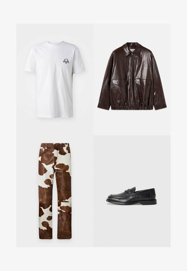 Brązowa skórzana kurtka z zamkiem z przodu, dużymi kieszeniami na piersi oraz elastycznym pasem. Posiada spiczasty kołnierz i gładką fakturę.; Biała bawełniana koszulka z krótkim rękawem, z małym czarnym haftem na piersi; klasyczny krój z okrągłym dekoltem.; Spodnie w łatki w kolorze brązowo-beżowym. Charakteryzują się luźnym krojem, wytrzymałym deniowym materiałem oraz klasycznym pięciokieszeniowym designem.; Czarne skórzane mokasyny mają okrągły nos, przeszycia oraz mały złoty akcent z przodu. Podeszwa jest płaska i dyskretna.