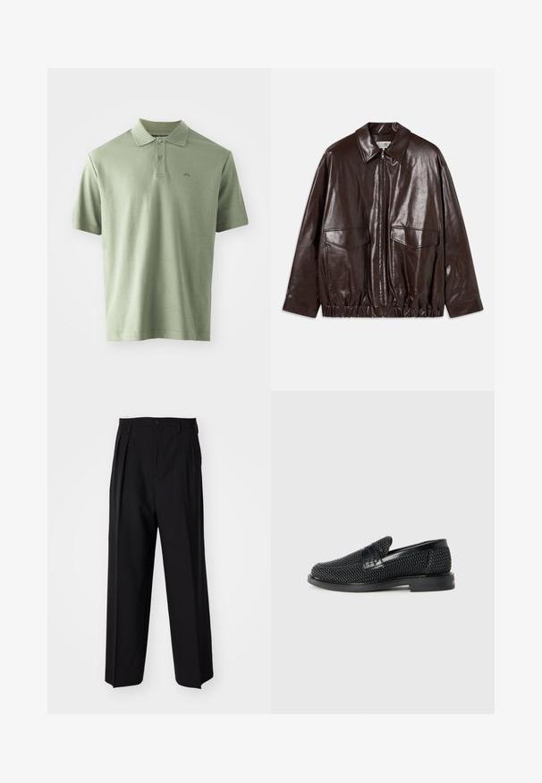Ruda odinė striukė su užtrauktuku, didelėmis krūtinėmis kišenėmis ir elastinga juosmena. Ypatybės: smailas apykaklė ir lygus paviršius.; Šviesiai žalias polo marškinėliai, pagaminti iš medvilnės, su klasikiniu apykakle, trimis mygtukais ir trumpomis rankovėmis. Subtilus logotipas atspaustas ant krūtinės.; Juodi klostuoti kelnių, su tiesiu, plačiu kojų dizainu. Pagaminti iš lygios medžiagos, su mygtukų uždarymu ir diržo kilputėmis.; Juodas pintas slip-on tipo batelis su lygiu odiniu akcentu viršuje, apvalios nosies dizainas ir žemas guminis padas.