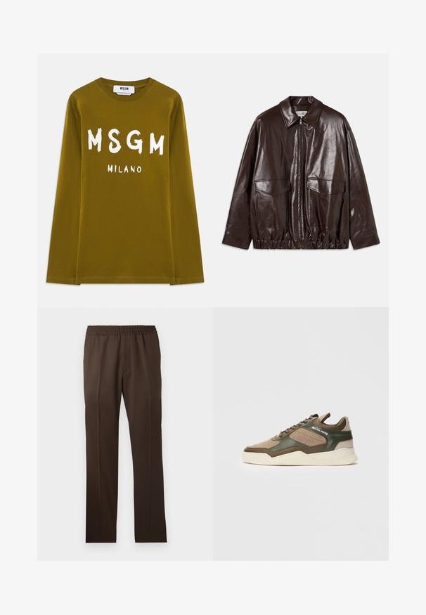 Braune Lederjacke mit Reißverschluss auf der Vorderseite, großen Brusttaschen und elastischem Bund. Verfügt über einen spitzen Kragen und eine glatte Textur.; Olivenfarbendes langärmliges T-Shirt aus Baumwolle mit großen weißen "MSGM"- und "MILANO"-Schriftzügen auf der Vorderseite. ; Braune, gerade geschnittene Hosen mit einem elastischen Bund und einer glatten Stoffoberfläche; verfügen über scharfe Faltenlinien an der Vorderseite.; Beige und grüne Low-Top Sneaker mit perforierten Seiten, weißer Sohle, Schnürverschluss und "FILLING PIECES" Branding an der Seitenfläche.