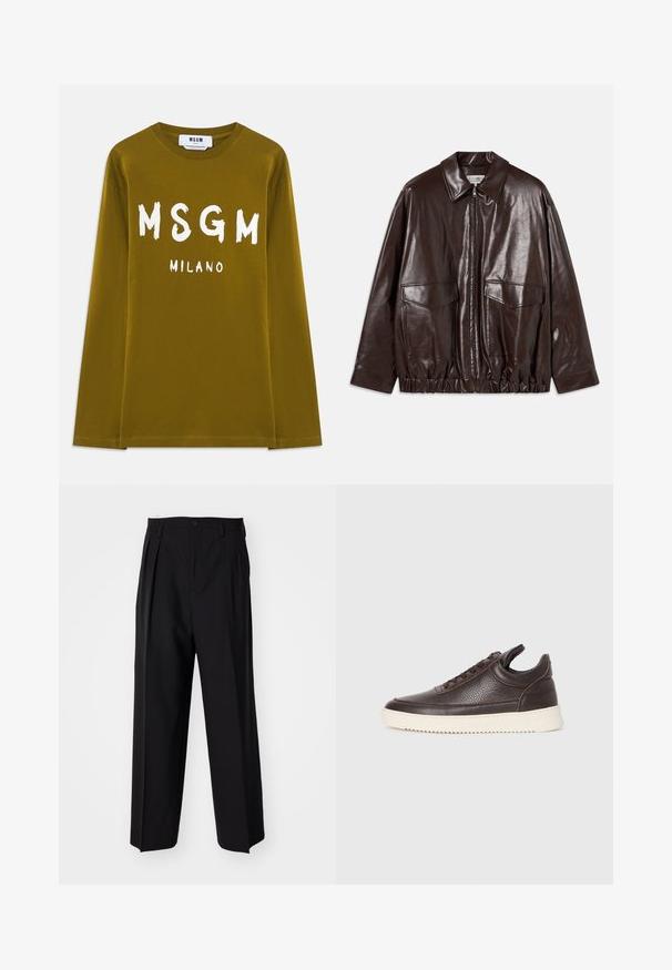 Jachetă din piele maro, cu fermoar frontal, buzunare mari pe piept și talie elasticizată. Dispune de un guler ascuțit și o textură netedă.; Tricou lung cu mânecă, de culoare verde măsliniu, fabricat din bumbac, având inscripționate cu alb textul mare "MSGM" și "MILANO" pe față.; Pantaloni negri plisat cu un design drept și pantaloni largi. Construiți dintr-un material neted, prevăzuți cu închidere cu nasture și bucle pentru curea.; Tenis din piele texturată, de culoare maro închis, cu șireturi în față și talpă din cauciuc alb, cu margini, pe un fundal deschis.