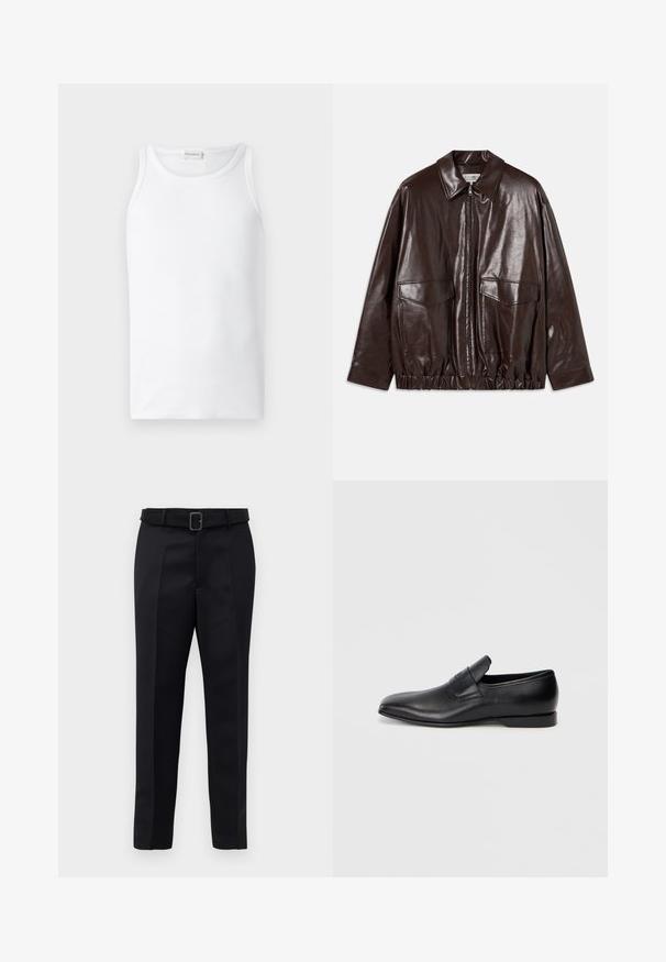 Giacca in pelle marrone con zip frontale, grandi tasche sul petto e vita elasticizzata. Presenta un colletto a punta e una texture liscia.; Top bianco a canotta, realizzato in cotone a coste, con scollatura a girocollo e design senza maniche, texture liscia e senza motivi visibili.; I pantaloni neri su misura presentano un tessuto liscio, una linea dritta e una vita con cintura dotata di una fibbia rettangolare. Le pieghe frontali notevoli arricchiscono il design.; Scarpa nera in pelle slip-on con punta affusolata, texture liscia e branding discreto sul lato. Tacco basso con un design pulito e minimalista.