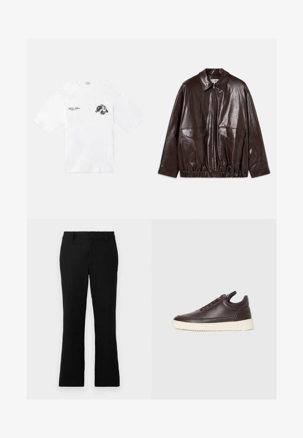 Pruun nahktagi, millel on lukuga esiosa, suured rinnakotid ja elastne vöökoht. Omab teravat kraed ja siledat tekstuuri.; Valge puuvillane t-särk, millel on graafiline disain vasakul rinnal. Lühikesed varrukad, ümmargune kaelus ja mugav lõige.; Mustad laiad püksid, mis on valmistatud puuvillase segukanga, millel on nööbikinnitus, vöökohad ja sile tekstuur, ilma nähtavate mustriteta.; Tumepruun tekstureeritud nahast sportking, millel on nööpidega esiosa ja valge soonikuga kummitald, heledal ühtlasel taustal.