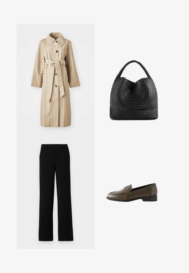 Beige Trenchcoat aus glattem Stoff, mit großem Kragen, vier braunen Knöpfen, einem Gürtel in der Taille und langen, lockeren Ärmeln.; Weißes Baumwoll-T-Shirt mit kurzen Ärmeln, rundem Ausschnitt und glatter Textur. Die Rückseite ist einfarbig ohne zusätzliche Muster oder Designs.; Schwarze weit geschnittene Hose aus glattem Stoff, mit flacher Vorderseite, zwei seitlichen Taschen und einem taillierten Bund für einen eleganten Look.; Braune Lederloafers mit runder Zehenform, einer vorderen Riemendetail, einem unkomplizierten Design zum Hineinschlüpfen und einem niedrigen schwarzen Absatz, die eine glatte Textur aufweisen.; Schwarze geflochtene Lederhandtasche mit einer abgerundeten, geräumigen Form und einem einzelnen geflochtenen Griff. Strukturierte Oberfläche mit einem markanten Muster.