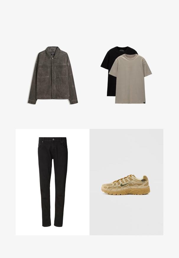 Svetlo sivi jopič s žepe na prsih, strukturirano ovratnikom in gumbi. Narejen iz teksturiranega materiala, z bolj sproščenim krojem in dolgimi rokavi.; Komplet dveh majic; ena črna, ena svetlo bež. Že standardne prileganja z okroglimi izrezi, narejene iz mehkega bombažnega materiala. Enostavna zasnova, brez vzorcev.; Črne denim hlače s slim fit krojem, ki imajo sprednje zapiranje na gumb, zanke za pas in štiri žepe. Gladka tekstura z minimalnimi šivi.; Bež športni čevelj z teksturiranimi semiš in mrežastimi paneli, kontrastnimi rjavimi vezalkami in robustnim gumijastim podplatom. Ponaša se z izrazitim logotipom.