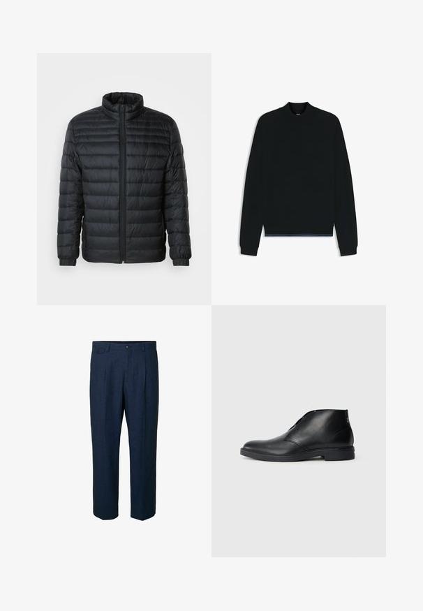 Sort quilted pufferjakke med høj krave, hel frontlynlås og elastiske manchetter på lange ærmer mod en ensfarvet baggrund.; Sort sweatshirt med højt hals, raglanærmer og ribbet kant med blå accenter. Glat tekstur, minimalistisk design.; Mørkeblå linnedbukser med lige pasform, der har to forlommer, to baglommer og en enkelt knaplukning i taljen.; Sorte læderankelbukser med en glat tekstur, rund tå, minimalistisk design og en lav, robust gummisål. Dekorativ syning.