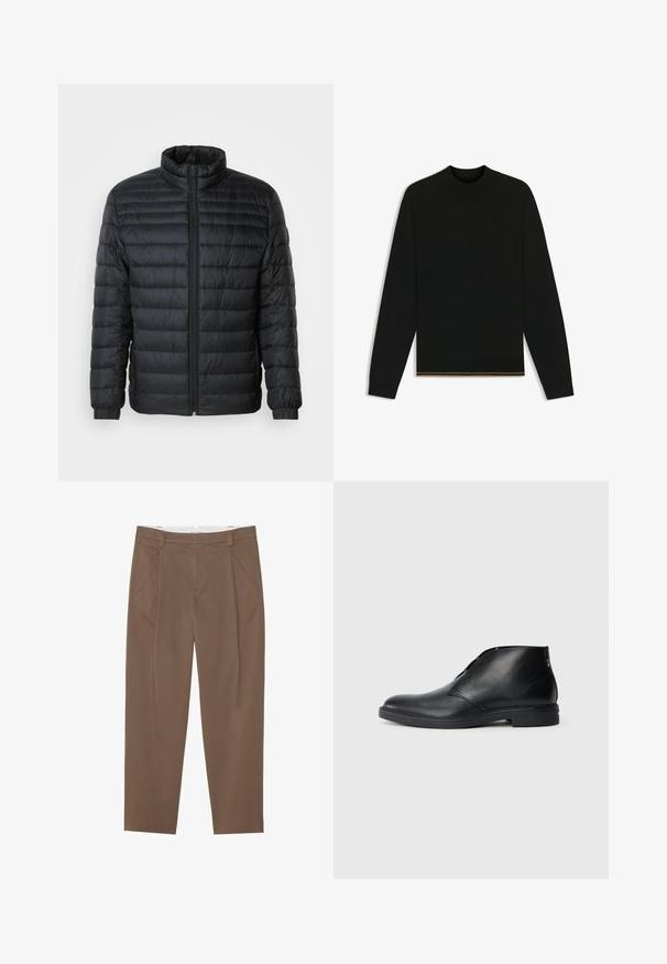 Svart quiltad pufferjacka med ståkrage, full dragkedja fram, och elastiska muddar på långa ärmar mot en enfärgad bakgrund.; Svart stickad tröja med långa ärmar och hög krage. Har en guldaccent vid fållen. Slät textur och figurnära design.; Bruna skräddarsydda byxor gjorda av texturerad tyg, med veck, bältesöglor och rak passform. Inga synliga hårdvarudetaljer.; Svarta läderankelboots med en slät yta, rundad tå, minimalistisk design och en låg, stadig gummisula. Dekorativ sömsdetsal.