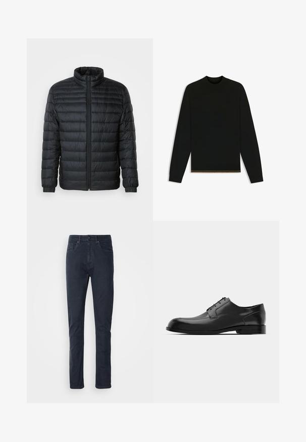 Zwarte gevoerde pufferjack met een staand kraag, een volle rits aan de voorkant en elastische manchetten op de lange mouwen tegen een effen achtergrond.; Zwarte gebreide trui met lange mouwen en een hoge nek. Bevat een gouden accent aan de zoom. Gladde textuur en getailleerd ontwerp.; Donkerblauwe katoenen jeans met een recht gesneden pasvorm, knoopsluiting en design met vijf zakken. Gladde textuur en minimale stikseldetails.; Zwarte leren dress shoe met een ronde neus, een gladde textuur, minimale naden en een platte zool met subtiele branding op de hiel.
