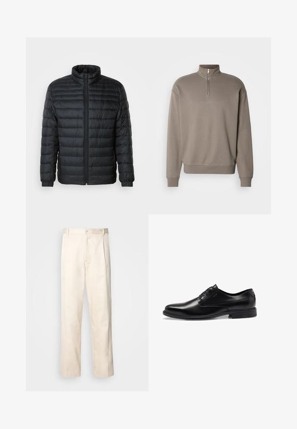 Mustan tilkkupuffertakin, jossa on pystykaulus, koko edessä oleva vetoketju ja elastiset hihansuut pitkissä hihoissa, tasaisella taustalla.; Ruskea vetoketjullinen collegepaita korkealla kaulalla, joustavat hihansuut ja helma. Keskellä pieni logo. Valmistettu pehmeästä materiaalista.; Vaaleanbeige puuvillahousut, joissa on suora lahje, varustettu nappisulkeisella ja etupuolella olevilla laskoksilla lisäyksinä.; Musta nahkakengät, joissa on sileä pinta, nauhakiinnitys, pyöristetty varvaskohta ja hienovaraiset tikkauskohteet. Varustettu mustalla kumipohjalla.