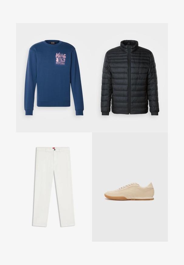Crna prešana puffer jakna s visokim ovratnikom, punim zatvaračem sprijeda i elastičnim manžetama na dugim rukavima na jednobojnoj pozadini.; Mornarsko plavi dukserica s dugim rukavima, rebrastim manžetama i rubom. Sadrži ružičasti grafički otisak na lijevoj strani prsnog dijela s tekstom.; Bijele hlače od tkanine mješavine pamuka, s ravnim nogavicama, prednjim džepovima i jednim crnim gumbom na pojasu.; Bež suede tenisice s aerodinamičnim dizajnom, s teksturiranim gornjim dijelom, zaobljenim vrhom i gumene potplate s cik-cak uzorkom.